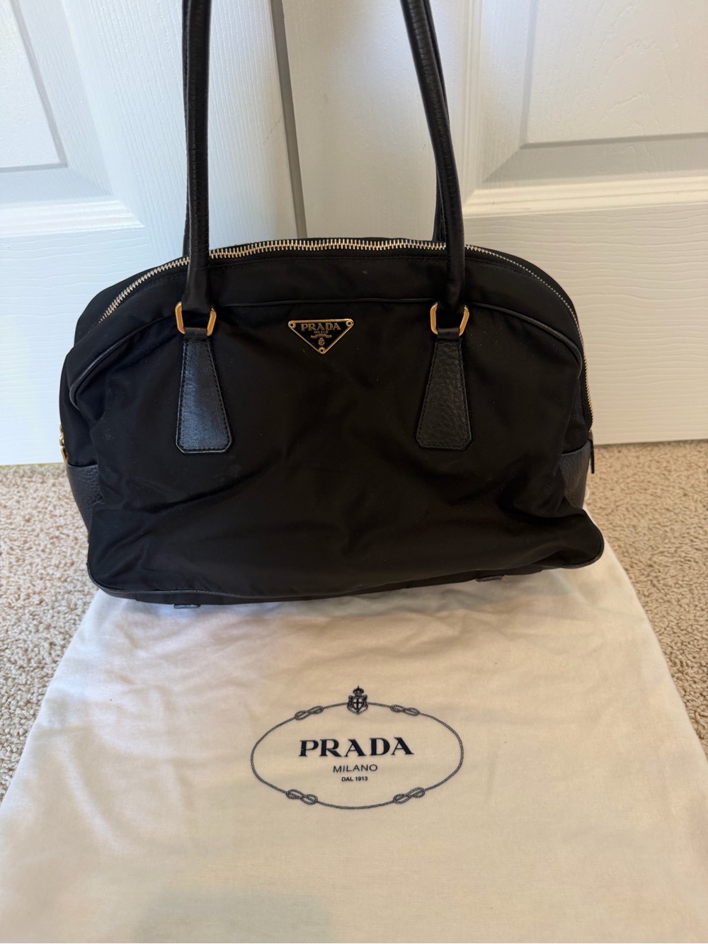 Prada Tessuto Saffiano Nero Black Leather Trim Bowling Bauletto Bag Gold